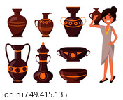 Woman posing with clay vase vector illustration isolated on white. Ornamental pot of different shapes on exhibition with decor. Woman Posing with Clay Vase Vector Illustration. Стоковая иллюстрация, агентство Ingram Publishing / Фотобанк Лори