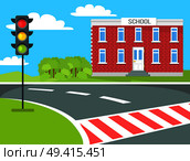 Pedestrian near school building, traffic lights stand on grass vector illustration near educational establishment. Crosswalk not far from brick building. Pedestrian School Building, Traffic Lights Stand. Стоковая иллюстрация, агентство Ingram Publishing / Фотобанк Лори