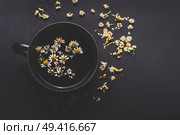 Cup of chamomile tea on dark background, top view with copy space for your design. Healthy tea ingredients and  home remedy for cosmetic treatment. Herbal medicine concept. Стоковое фото, агентство Ingram Publishing / Фотобанк Лори