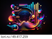 A blend of bright and vivid colors creating an abstract pattern against a stark black backdrop, creating a striking and dynamic visual contrast. Стоковое AI-изображение, AI-художник Данила Большаков / Фотобанк Лори