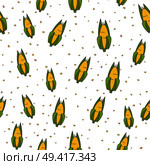 Corn cobs seamless pattern. Corn cobs in husk and grains flat vector on white background. Ripe maize cartoon illustration for wrapping paper, prints on fabric, greeting cards design. Стоковая иллюстрация, агентство Ingram Publishing / Фотобанк Лори