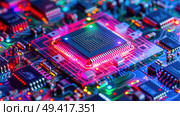 Detailed close up view of a computer circuit board showing intricate components and pathways. Стоковое AI-изображение, AI-художник Данила Большаков / Фотобанк Лори