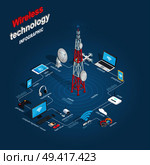 Set of wireless technology infographic. Vector illustration of satellite and dish antenna, drone videocamera, laptop, phone and router with wi-fi, two smart watches, mobile and tablet with 3G and 4G.. Set of Wireless Technology Infographic Flat Theme. Стоковая иллюстрация, агентство Ingram Publishing / Фотобанк Лори
