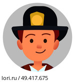 Little redhead boy in firefighter hat dreams to grow and become fireman. Future fire fighter vector illustration, choosing future profession concept. Little Future Firefighter in Uniform Illustration. Стоковая иллюстрация, агентство Ingram Publishing / Фотобанк Лори