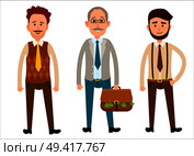 Three men of different looks isolated on white. First Caucasian man with curly hair and whisker, second gray-haired male with bag full of dollar money, third hipster boy with beard vector illustration. Three Men of Different Looks Flat Cartoon Theme. Стоковая иллюстрация, агентство Ingram Publishing / Фотобанк Лори