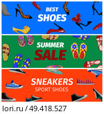 Best summer sale of sneakers sport shoes set of colorful banners. Footwear shopping concept. Buy elegant stilettos, comfortable sneakers, summer flip-flops with discount vector illustration.. Best Summer Sale of Sneakers Sport Shoes Banners. Стоковая иллюстрация, агентство Ingram Publishing / Фотобанк Лори