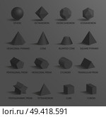 Sphere and set of other geometric shapes including prisms, cone and octahedron with dodecahedron, shapes with titles below them on vector illustration. Sphere and Set of Shapes on Vector Illustration. Стоковая иллюстрация, агентство Ingram Publishing / Фотобанк Лори