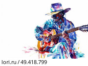 A painting depicting a man strumming a guitar, fully immersed in his music. Стоковое AI-изображение, AI-художник Данила Большаков / Фотобанк Лори