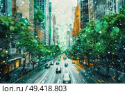 A city street packed with multiple vehicles, including cars, buses, and motorcycles, moving slowly in heavy traffic. Стоковое AI-изображение, AI-художник Данила Большаков / Фотобанк Лори