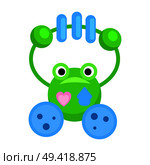 Rattle in form of funny green frog with small pink heart and house icons on body isolated vector illustration on white background.. Rattle in Form of Funny Green Frog Illustration. Стоковая иллюстрация, агентство Ingram Publishing / Фотобанк Лори