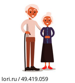 Grandfather in sweater and trousers with beard and wooden cane stands beside grandmother in long skirt and purple jacket isolated vector illustration.. Old Grandmother and Grandfather with White Hair. Стоковая иллюстрация, агентство Ingram Publishing / Фотобанк Лори