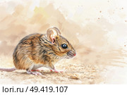 A brown mouse calmly perched on top of a sandy ground, showcasing its natural habitat and foraging behavior. Стоковое AI-изображение, AI-художник Данила Большаков / Фотобанк Лори