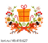 Pretty yellow christmas badge on white background. Vector illustration of holiday decor elements autumn leaves, red guelder roses and small acorns. Wreath surround big present and two striped canes. Pretty Yellow Christmas Badge on White Background. Стоковая иллюстрация, агентство Ingram Publishing / Фотобанк Лори