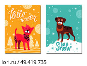 Hello winter and let it snow posters. Chinese crested dog surrounded with spruces and rottweiler that stands on snoedrift vector illustrations.. Hello Winter and Let it Snow Posters with Puppies. Стоковая иллюстрация, агентство Ingram Publishing / Фотобанк Лори