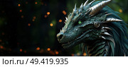 Detailed view of a green dragons head, showing its scales, eyes, and sharp teeth up close. Стоковое AI-изображение, AI-художник Данила Большаков / Фотобанк Лори