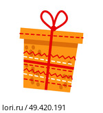 Big yellow embroidered present with red thin ribbon on white background. Vector illustration of Christmas gift as element of holiday decor. Box with its own design of red and white stitches on walls. Big Yellow Embroidered Present on White Background. Стоковая иллюстрация, агентство Ingram Publishing / Фотобанк Лори