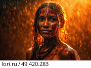 A woman is drenched in red paint as she stands under the falling rain in this image. Стоковое AI-изображение, AI-художник Данила Большаков / Фотобанк Лори