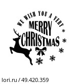 Wish you a very merry Christmas, poster with icons of snowflakes, bow and running reindeers silhouette vector illustration isolated on white. Wish Merry Christmas Poster Vector Illustration. Стоковая иллюстрация, агентство Ingram Publishing / Фотобанк Лори