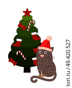 Greeting card cartoon cat in Santa’s hat sitting under Christmas tree decorated by socks, candy stripped sticks, red bows and topped by star vector. Greeting Card Cartoon Cat Santa’s Hat Sitting Tree. Стоковая иллюстрация, агентство Ingram Publishing / Фотобанк Лори