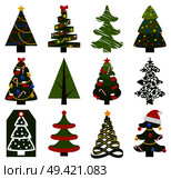 Big set of Christmas tree symbols with or without decorative elements, abstract spruces with garlands and toys, topped by hat or star vector on white. Big Set Christmas Tree Symbols With Without Decor. Стоковая иллюстрация, агентство Ingram Publishing / Фотобанк Лори