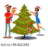 Family decorating Christmas tree with balls and bells, candies and shiny garlands, winter holidays and peoples involvement vector illustration. Family Decorating Tree Vector Illustration. Стоковая иллюстрация, агентство Ingram Publishing / Фотобанк Лори