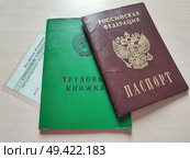 Трудовая книжка, паспорт и снилс. Employment record, passport, and SNILS. Стоковое фото, фотограф Денис Баданин / Фотобанк Лори