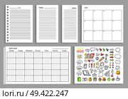 Set of calendars, annual and daily planning, work week and icons of diagram, marks and year sign vector illustration isolated on white background. Set of Calendar, Daily Plans Vector Illustration. Стоковая иллюстрация, агентство Ingram Publishing / Фотобанк Лори