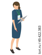 Female in blue midi dress holds gray tablet in one hand, other arm keeps red pen, looking sideways. Vector illustration on white background.. Female in Blue Midi Dress Holds Tablet and Pen. Стоковая иллюстрация, агентство Ingram Publishing / Фотобанк Лори