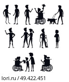 Silhouettes of disable humans on wheelchairs or on prostheses walking, winning, accepts congratulations. People with disabilities vector illustration. Silhouettes of Disable Humans on Wheelchairs. Стоковая иллюстрация, агентство Ingram Publishing / Фотобанк Лори