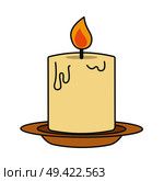 Burning candle on beige plate flat style close-up icon isolated on white. Melting candlelight glowing yellow and orange flame. Vector illustration hand drawn pattern in cartoon style for web.. Burning Candle on Beige Plate Flat Design Icon. Стоковая иллюстрация, агентство Ingram Publishing / Фотобанк Лори