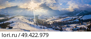 Winter landscape. Panorama of ski resort in Carpathian mountains. Aerial panoramic view. Podobovets village. Стоковое фото, агентство Ingram Publishing / Фотобанк Лори