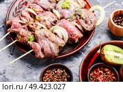 Raw beef kebab in kiwi marinade on a wooden background. Raw shish kebab. Стоковое фото, агентство Ingram Publishing / Фотобанк Лори