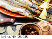 Smoked fish with spices.Cold smoked fish.Smoked capelin. Appetizing smoked fish. Стоковое фото, агентство Ingram Publishing / Фотобанк Лори