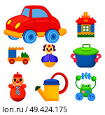 Big red car, toy house, car constructor, funny clown, colorful saucepan, roly-poly in tie, yellow watering can and frog beanbag vector illustrations.. Childrens Colorful Toys Isolated Illustrations Set. Стоковая иллюстрация, агентство Ingram Publishing / Фотобанк Лори