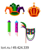 Mardi gras carnival attributes icons set. Colombina mask, kings crown, jester hat and fireworks rockets isolated flat vectors. Masquerade clothing illustration for costumed party, festival invitation. Стоковая иллюстрация, агентство Ingram Publishing / Фотобанк Лори