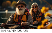 A couple of individuals are rowing a boat on a calm body of water. Стоковое AI-изображение, AI-художник Данила Большаков / Фотобанк Лори