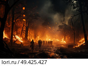 A group of individuals walking through a forest engulfed in flames, navigating the intense heat and smoke as they move through the burning trees. Стоковое AI-изображение, AI-художник Данила Большаков / Фотобанк Лори