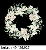 Watercolor wreath with hydrangea flowers and chamomile, green leaves. Illustration. Watercolor wreath with hydrangea flowers and chamomile, green leaves. Стоковое фото, агентство Ingram Publishing / Фотобанк Лори
