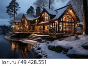 A house brightly lit up against a snowy backdrop, creating a warm glow in the cold winter night. Стоковое AI-изображение, AI-художник Данила Большаков / Фотобанк Лори
