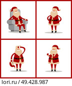 Santa Claus set of posters isolated on white background. Vector illustration with Christmas character in traditional red costume in light big chair. Santa Claus Set of Posters Vector Illustration. Стоковая иллюстрация, агентство Ingram Publishing / Фотобанк Лори