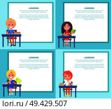 Learning banners set with children sitting at desks with textbooks at school. Vector illustration of begginers on 1st of September, back to school. Learning Banners Set with Children Sitting at Desks. Стоковая иллюстрация, агентство Ingram Publishing / Фотобанк Лори