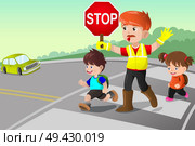 A vector illustration of flagger and kids crossing the street. Стоковая иллюстрация, агентство Ingram Publishing / Фотобанк Лори