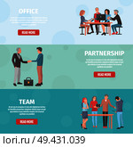 Concept of startups three horizontal drawn cards on light and dark blue background. Vector illustration of development plan in office, partnership and conclusion of deal, teamwork banners with people. Concept of Startups Three Horizontal Drawn Cards. Стоковая иллюстрация, агентство Ingram Publishing / Фотобанк Лори