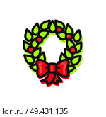 Wreath Christmas assortment, composition of leaves, mistletoe and berries of red color with big bow made of ribbon, isolated on vector illustration. Wreath Christmas Assortment Vector Illustration. Стоковая иллюстрация, агентство Ingram Publishing / Фотобанк Лори