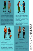 Students set of posters with inscriptions. Isolated vector illustration of stylish men and women communicating on light blue background. Students Set of Posters with Adult Men and Women. Стоковая иллюстрация, агентство Ingram Publishing / Фотобанк Лори