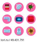 Icon set on flat design theme representing objects that are usually placed in bathroom, living room and bedroom vector illustration isolated on white. Icon Set on Flat Design Theme Vector Illustration. Стоковая иллюстрация, агентство Ingram Publishing / Фотобанк Лори