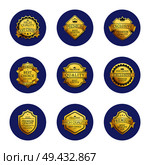 Collection of premium quality best golden labels guarantee sticker awards, vector illustration certificate emblems isolated on blue round circles set. Collection Premium Quality Best Gold Labels Icons. Стоковая иллюстрация, агентство Ingram Publishing / Фотобанк Лори