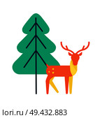 Deer animal icon, horned reindeer in orange and yellow color, vector illustration isolated on white background near green spruce tree in simple design. Deer Animal Icon, Horned Reindeer in Orange Color. Стоковая иллюстрация, агентство Ingram Publishing / Фотобанк Лори