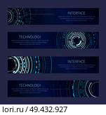 Interface and technology collection of posters with text sample and letterings, images of screens with lines, vector illustration isolated on purple. Interface and Technology Set Vector Illustration. Стоковая иллюстрация, агентство Ingram Publishing / Фотобанк Лори