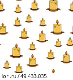 Inflamed candles seamless pattern. Thick wax or paraffin candle with lit wick on plate flat vector on white background. Ancient lighting illustration for wrapping paper, prints on fabric. Стоковая иллюстрация, агентство Ingram Publishing / Фотобанк Лори